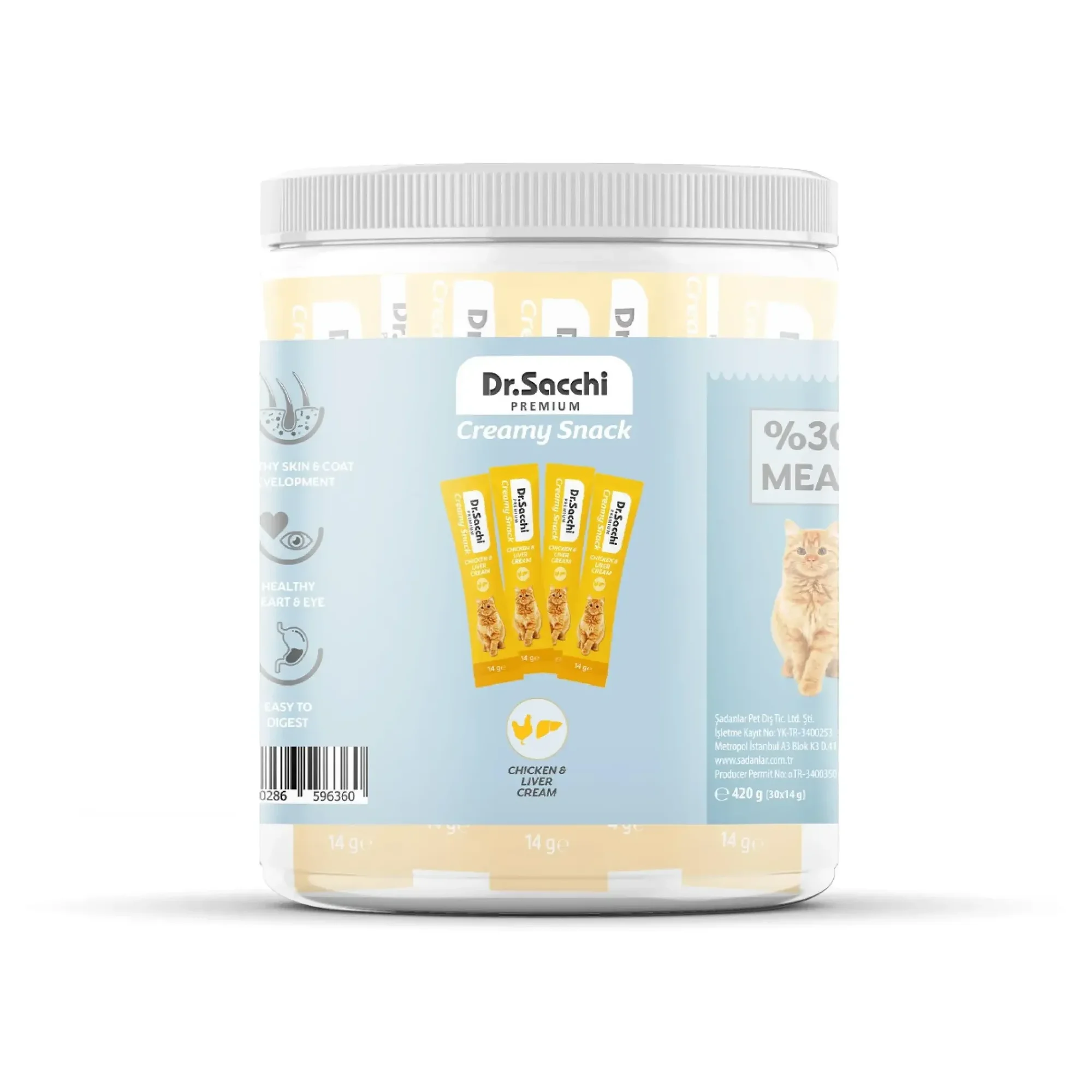 Dr.Sacchi Creamy Snack Tavuk Etli ve Ciğerli Sıvı Kedi Ödülü Kavanoz 30x14G