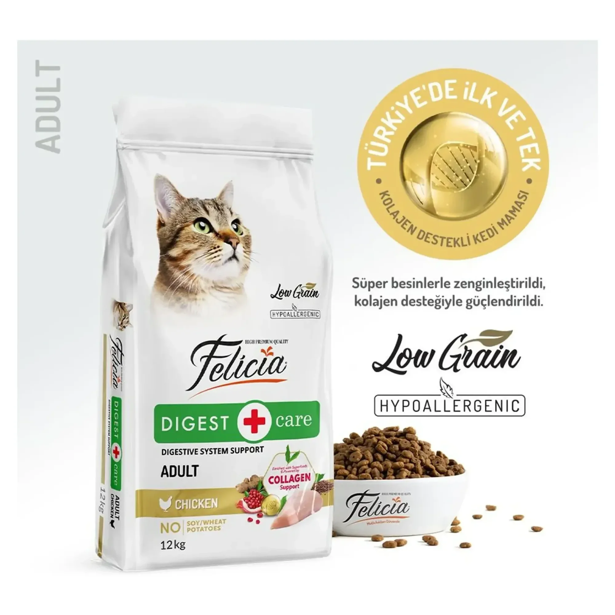 Felicia Felicia Tavuklu ve Az Tahıllı Kolajen İçerikli Yetişkin Kedi Maması 12 KG