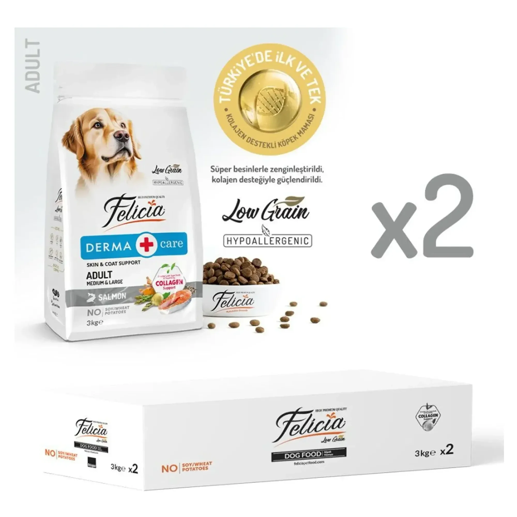 Felicia Felicia Kolajen Destekli Az Tahıllı Somonlu Büyük ve Orta Irk Yetişkin Köpek Maması 6 KG (2x3 KG)
