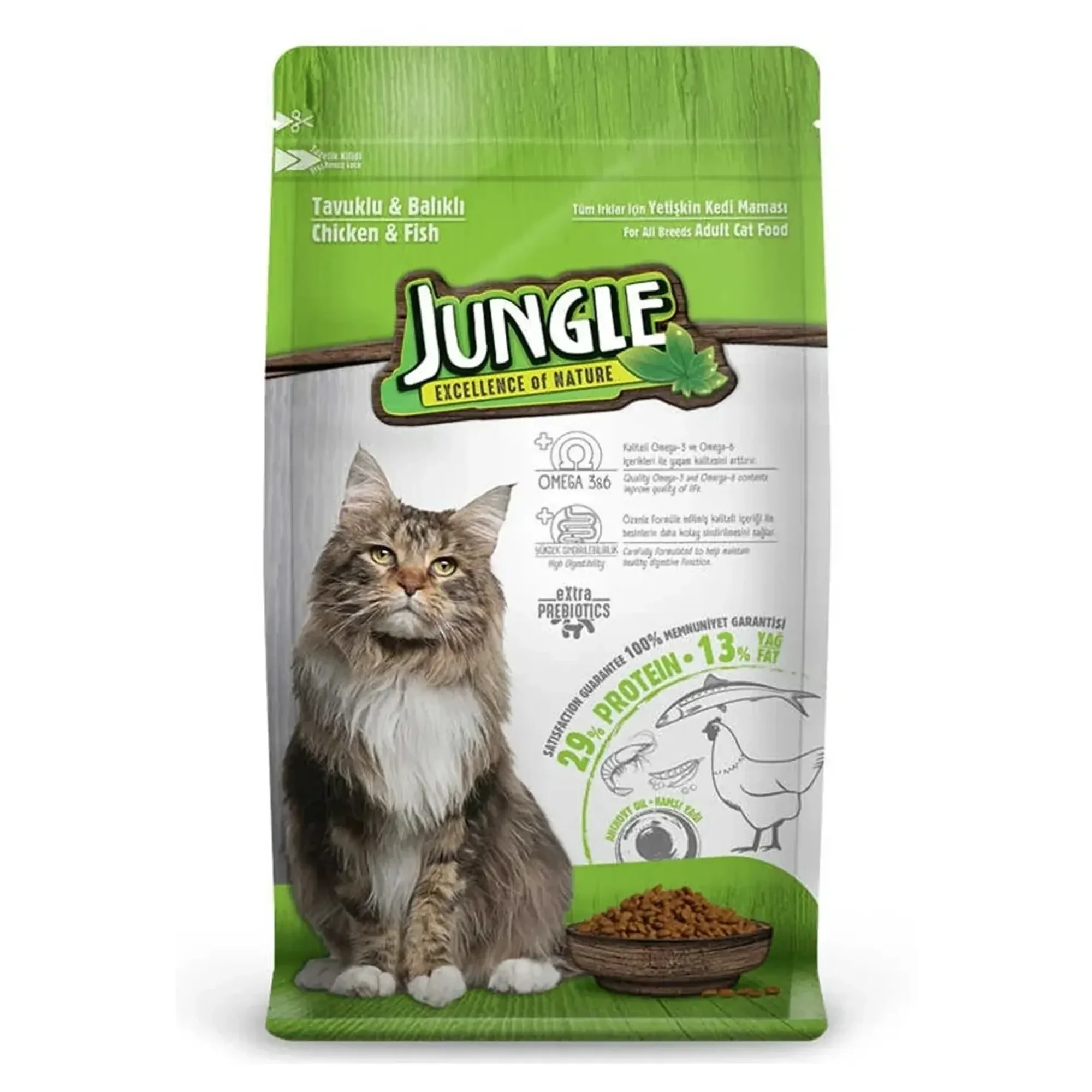 Jungle Jungle Tavuklu ve Balıklı Yetişkin Kedi Maması 15 KG