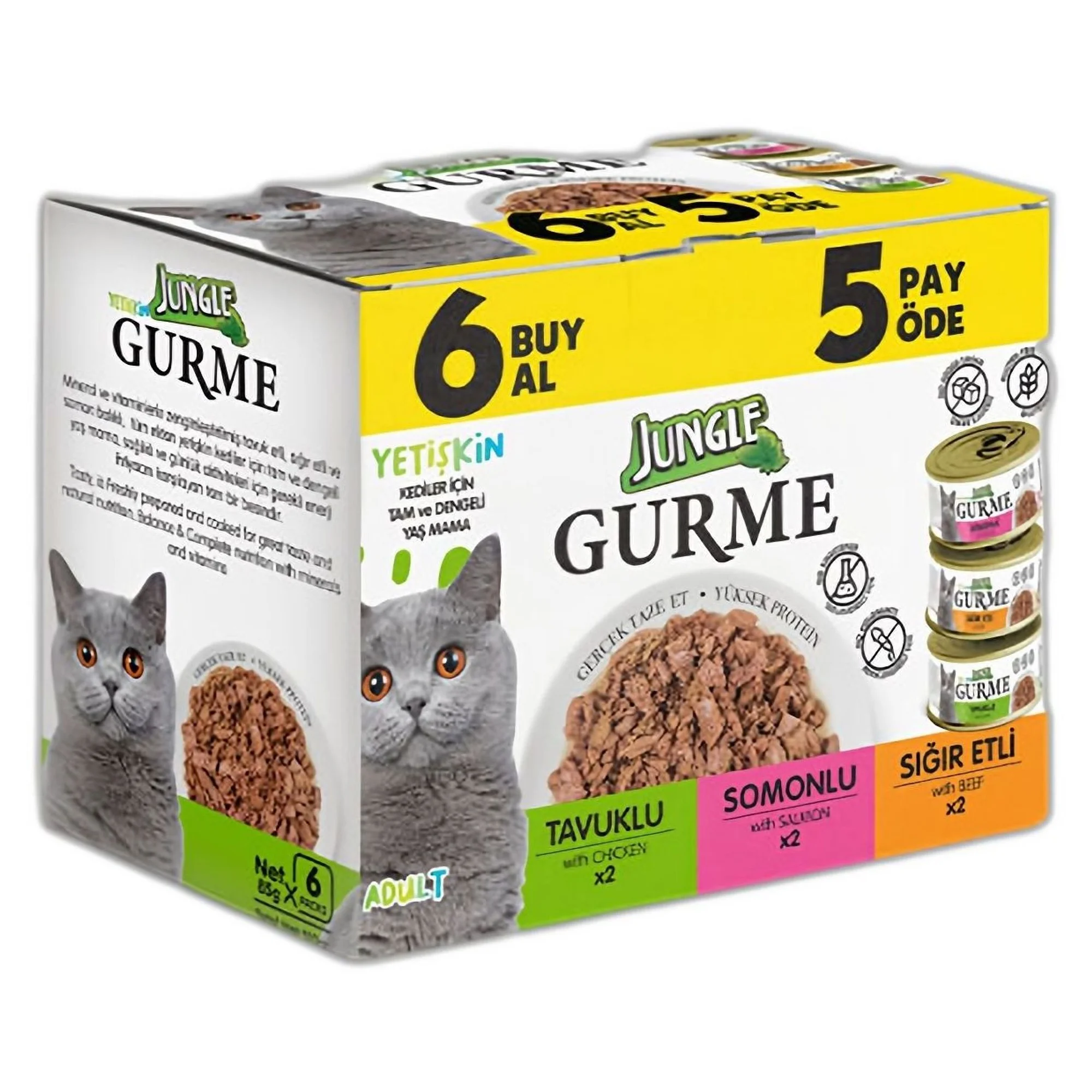 Jungle Gurme Etli Tavuklu ve Balıklı Yetişkin Kedi Konservesi 6x85 G
