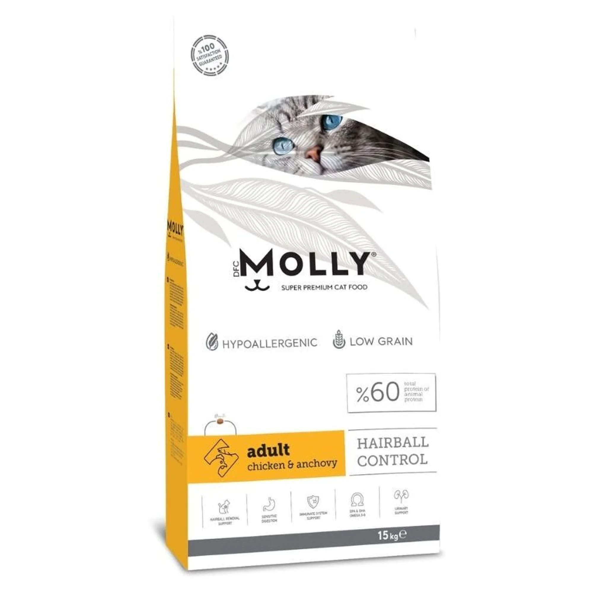 Molly Hairball Control Düşük Tahıllı Tavuklu ve Hamsili Yetişkin Kedi Maması 15 KG