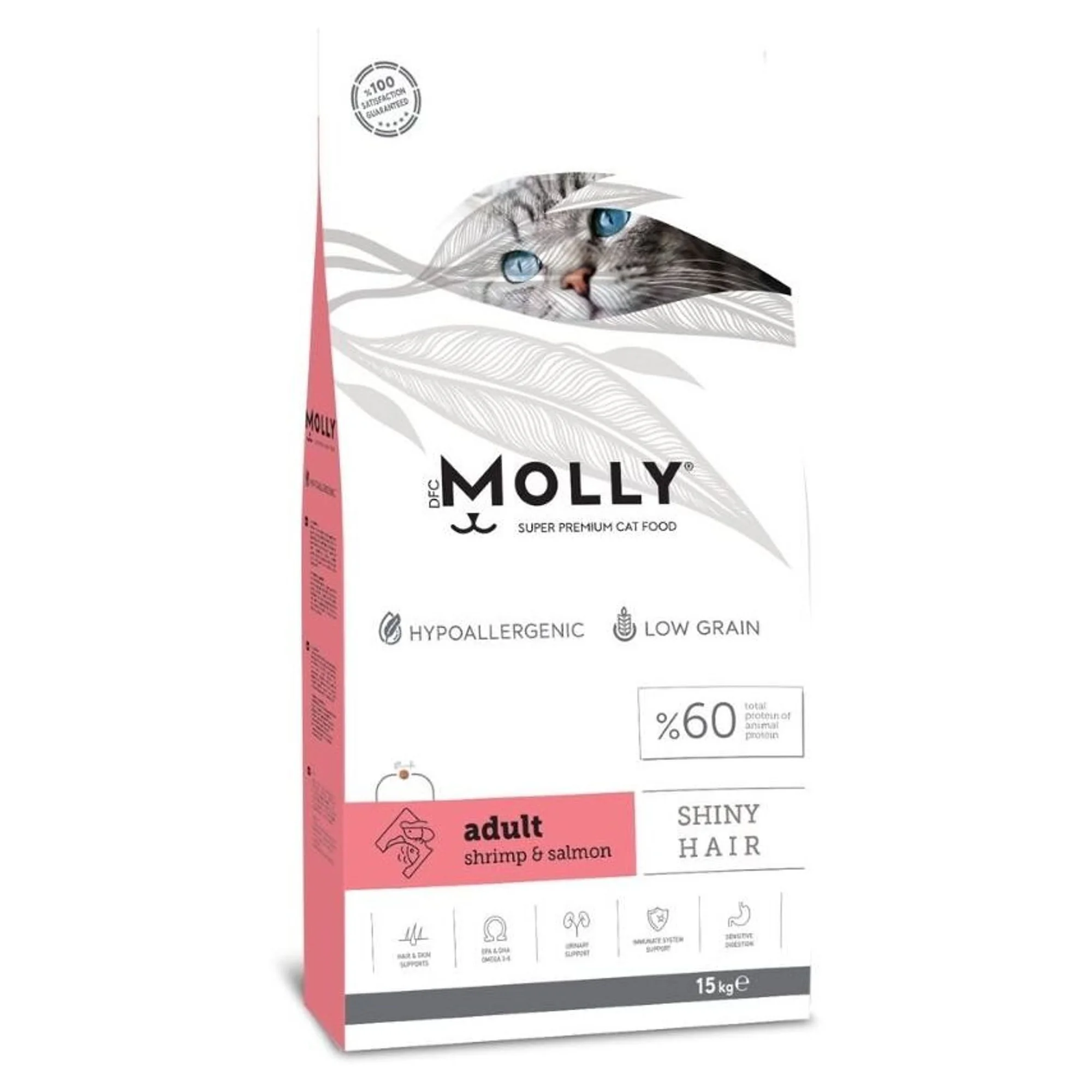 Molly Shiny Hair Düşük Tahıllı Somonlu ve Karidesli Yetişkin Kedi Maması 15 KG