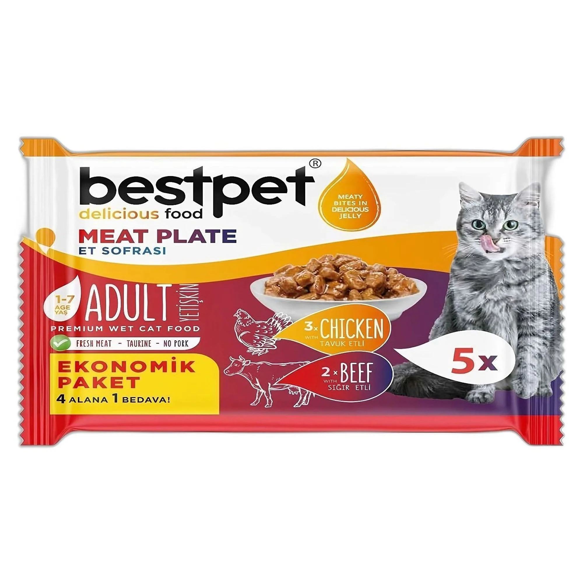 Bestpet Sığır Etli ve Tavuk Etli Yaş Yetişkin Kedi Maması 5x85G