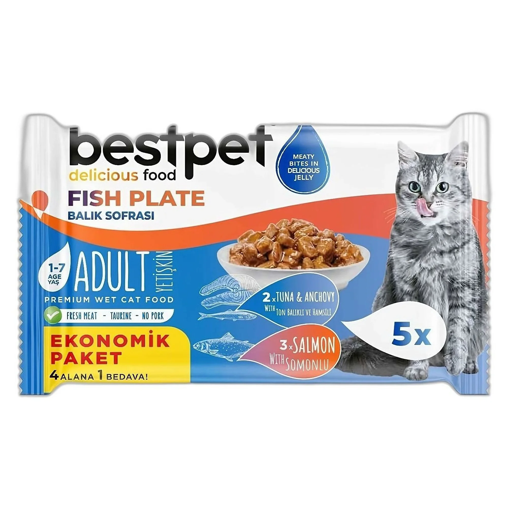 Bestpet Bestpet Somonlu Ton Balıklı ve Hamsili Yaş Yetişkin Kedi Maması 5x85G