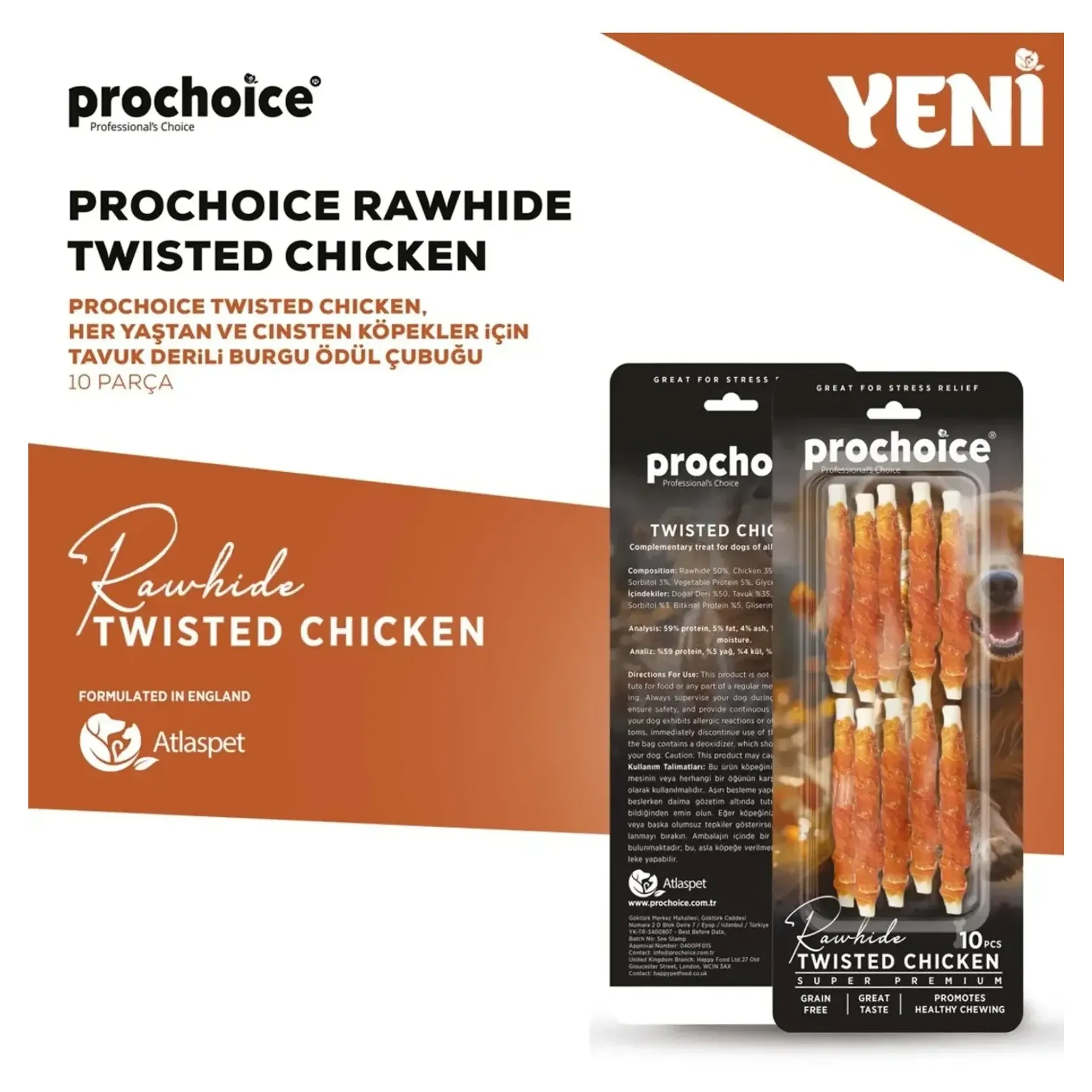 ProChoice ProChoice Rawhide Twisted ChickenTahılsız Tavuklu Köpek Ödül Kemiği 10'lu 12.5CM