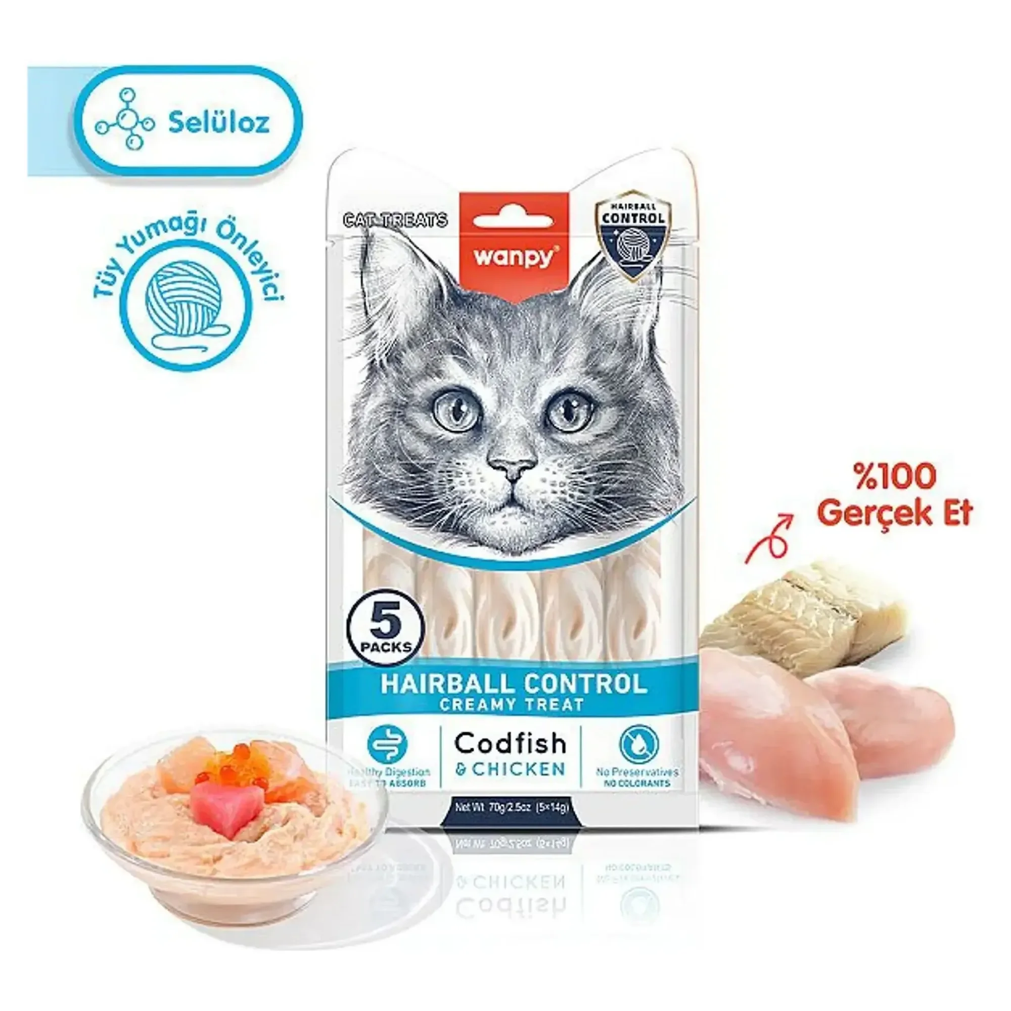 Wanpy Wanpy Hairball Control Morina Balığı&Tavuk Kedi Ödülü 5x14 G