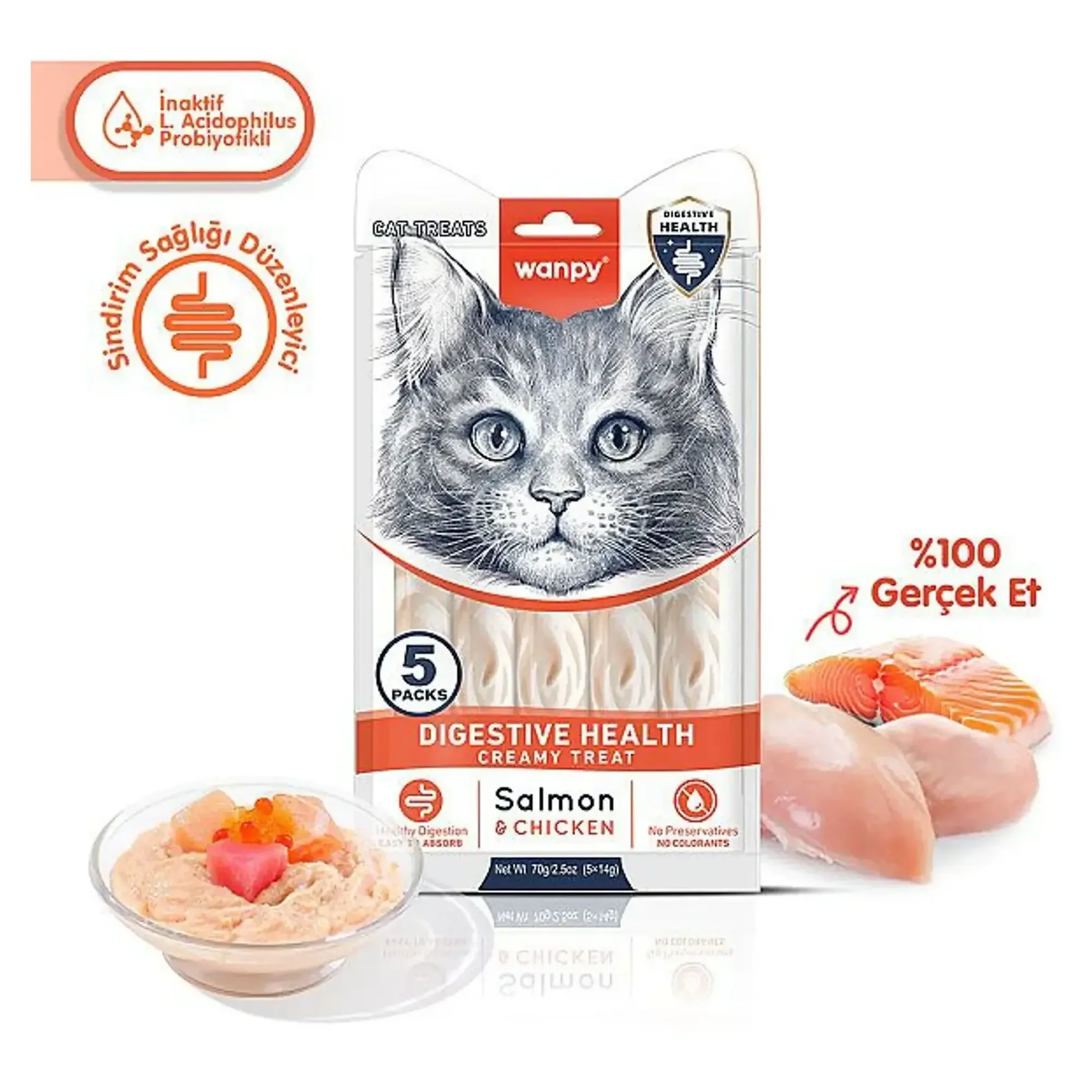 Wanpy Wanpy Digestive Health Somon Balığı&Tavuklu Kedi Ödülü 5x14 G