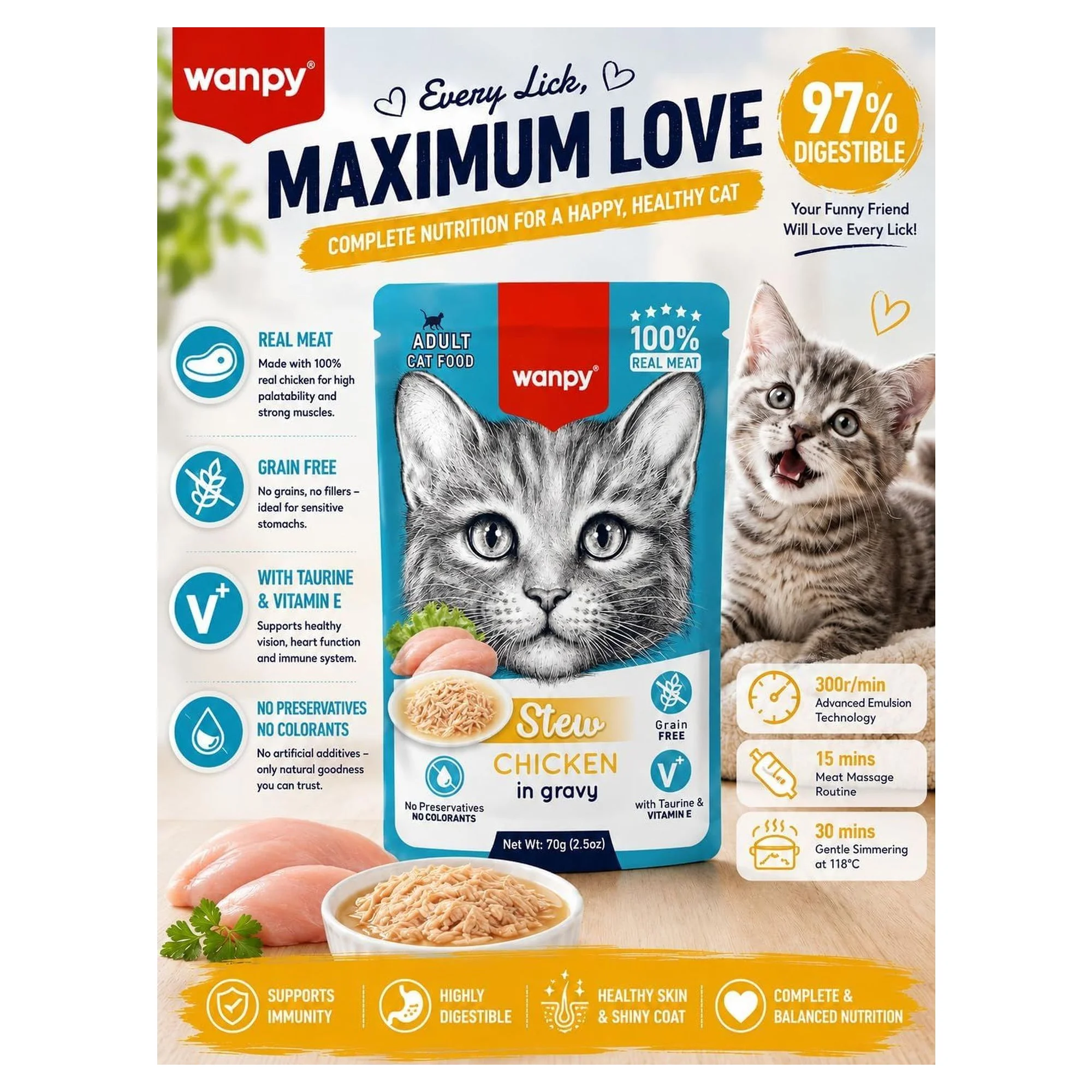 Wanpy Pouch Tavuklu Yaş Yetişkin Kedi Maması 70 G — Normal, 70 g — Görsel 3