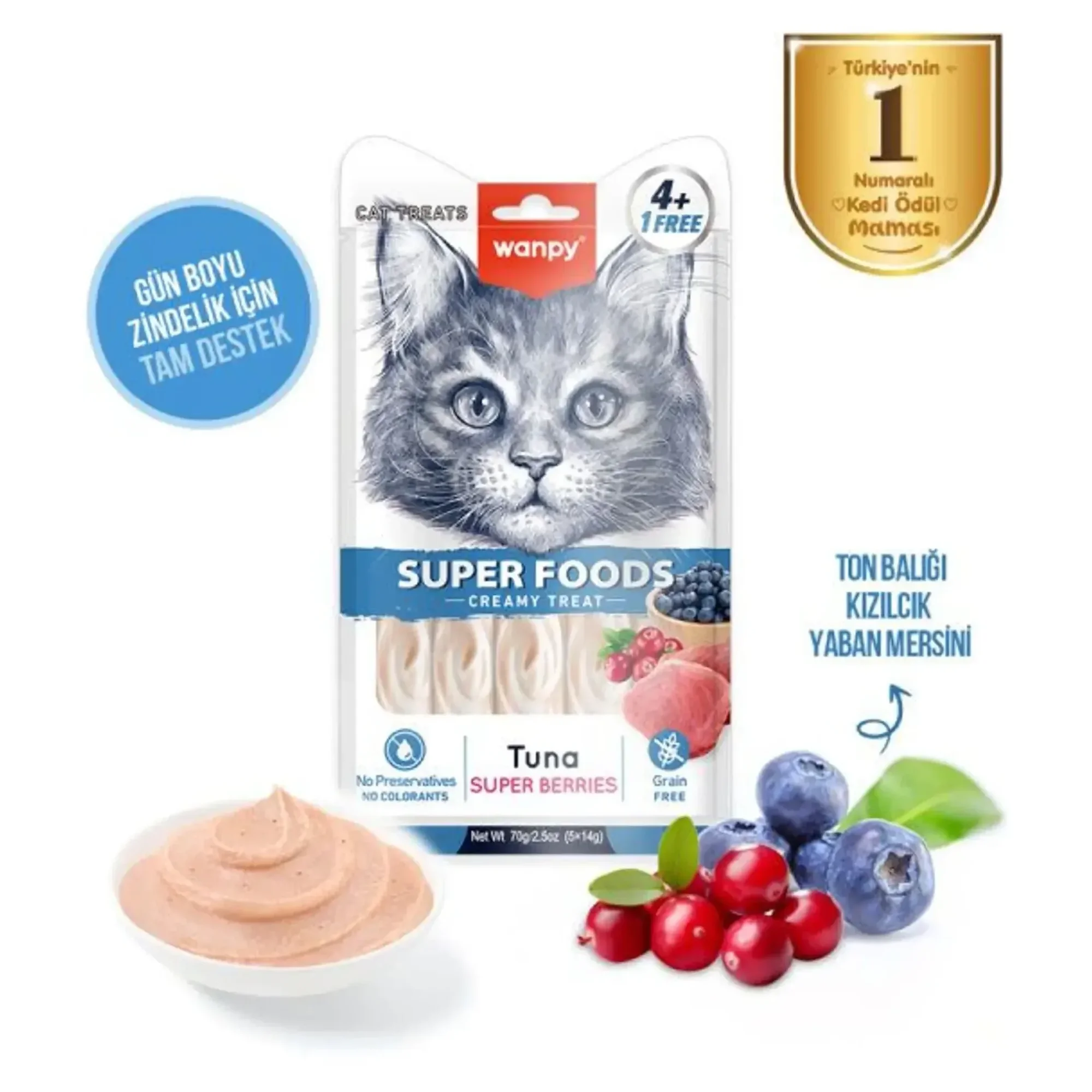 Wanpy Wanpy Superfood Ton Balığı, Yaban Mersini ve Kızılcık Krema Kedi Ödülü 5x14 G — Ödül Maması — Görsel 2
