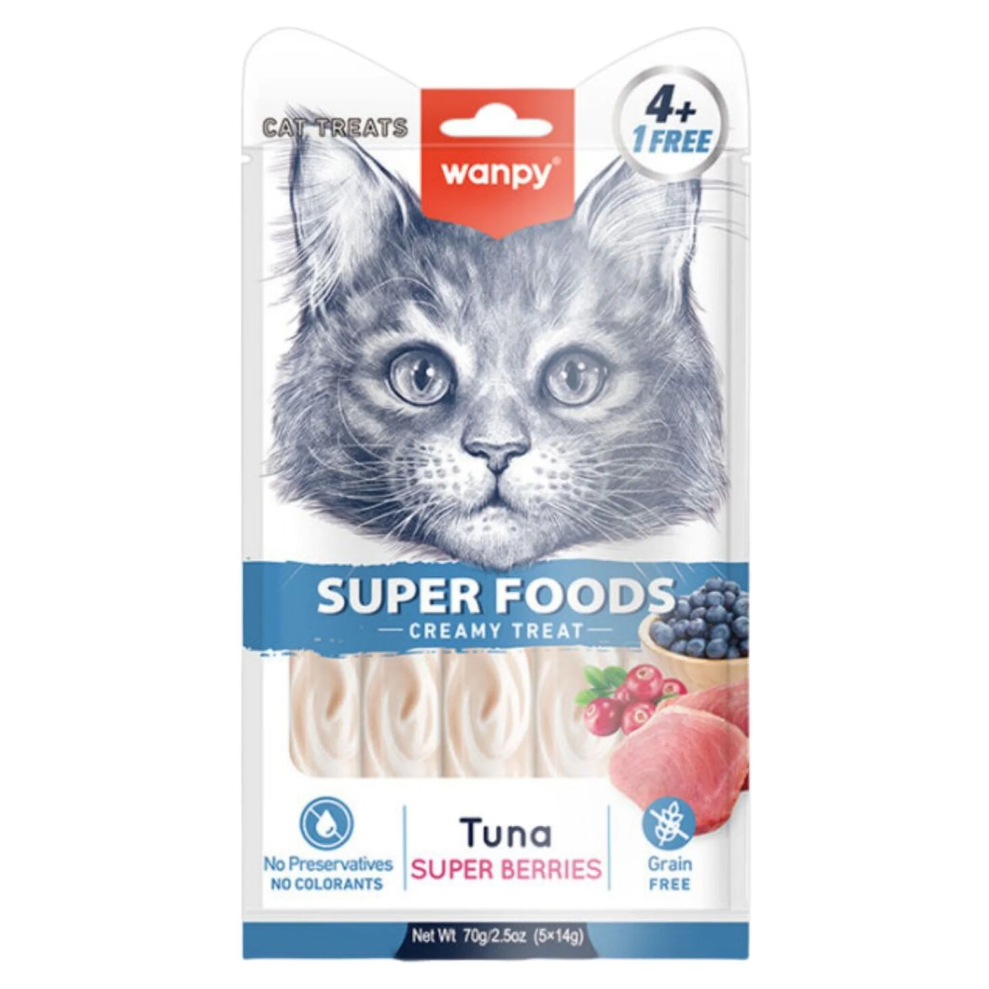 Wanpy Superfood Ton Balığı, Yaban Mersini ve Kızılcık Krema Kedi Ödülü 5x14 G