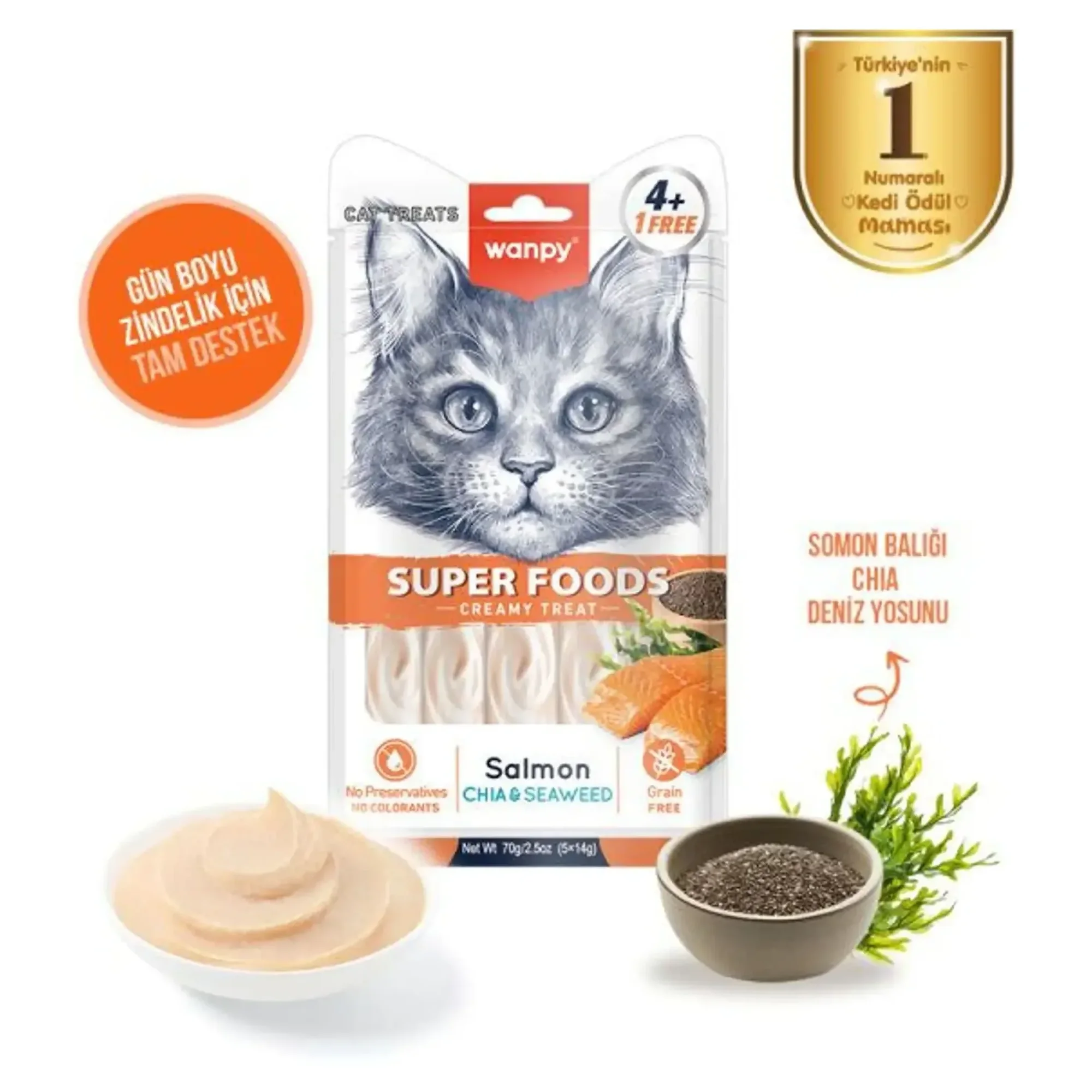 Wanpy Wanpy Superfood Somon, Chia ve Deniz Yosunu Krema Kedi Ödülü 5x14 G — Ödül Maması — Görsel 2