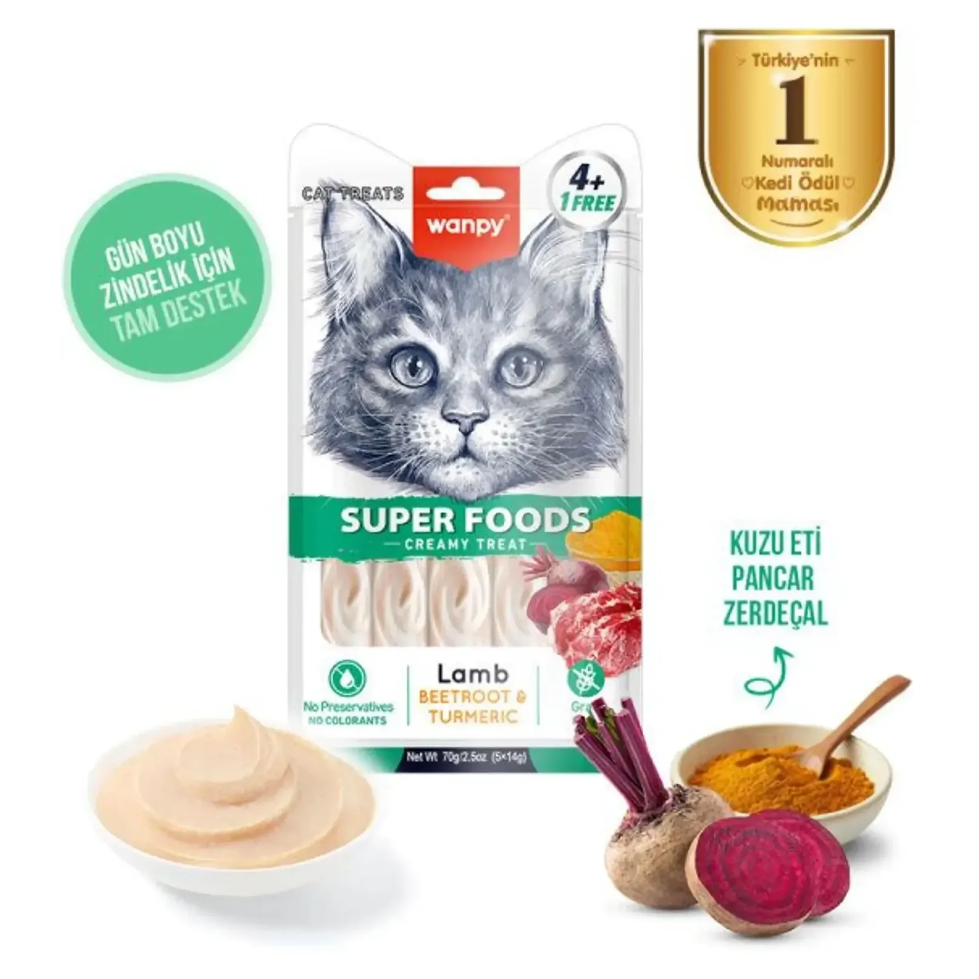 Wanpy Wanpy Superfood Kuzu, Pancar ve Zerdeçal Kedi Ödül Kreması 5x14 G — Ödül Maması — Görsel 2