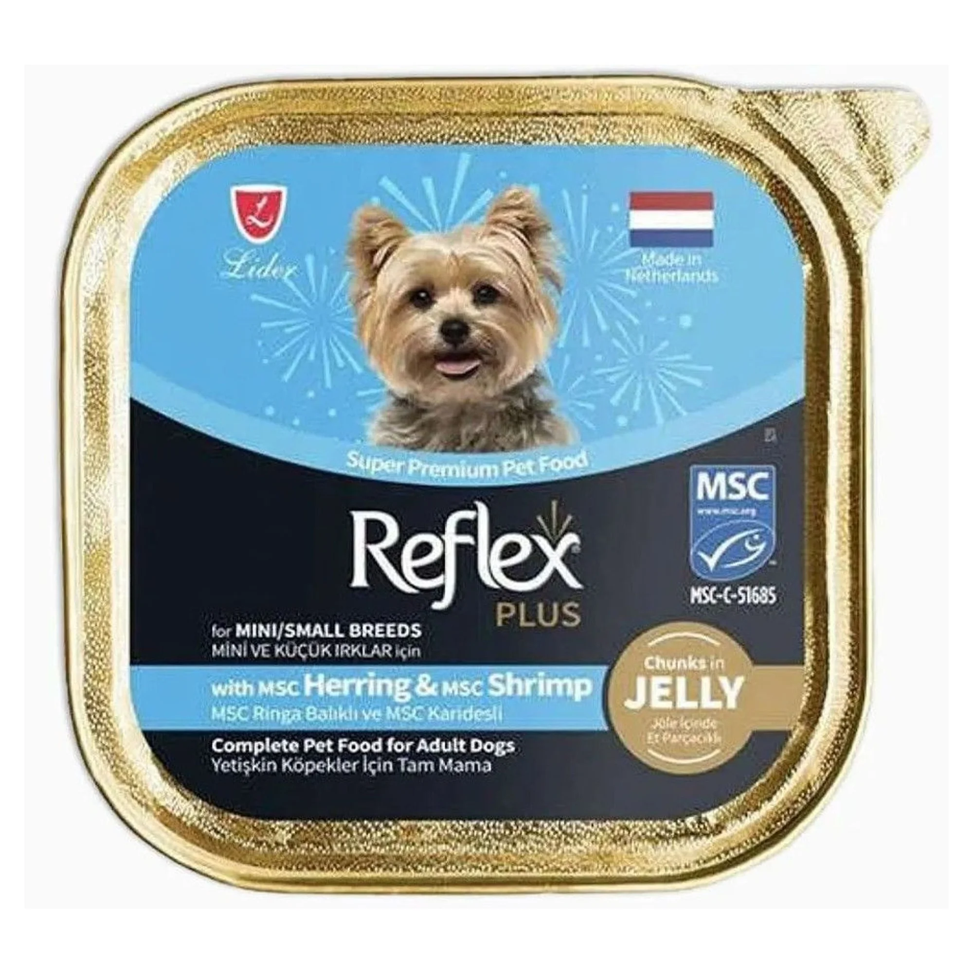 Reflex Plus Jöle İçinde Et Parçacıklı Ringa Balıklı ve Karidesli Mini ve Küçük Irklar İçin Yetişkin Köpek Maması 85 G