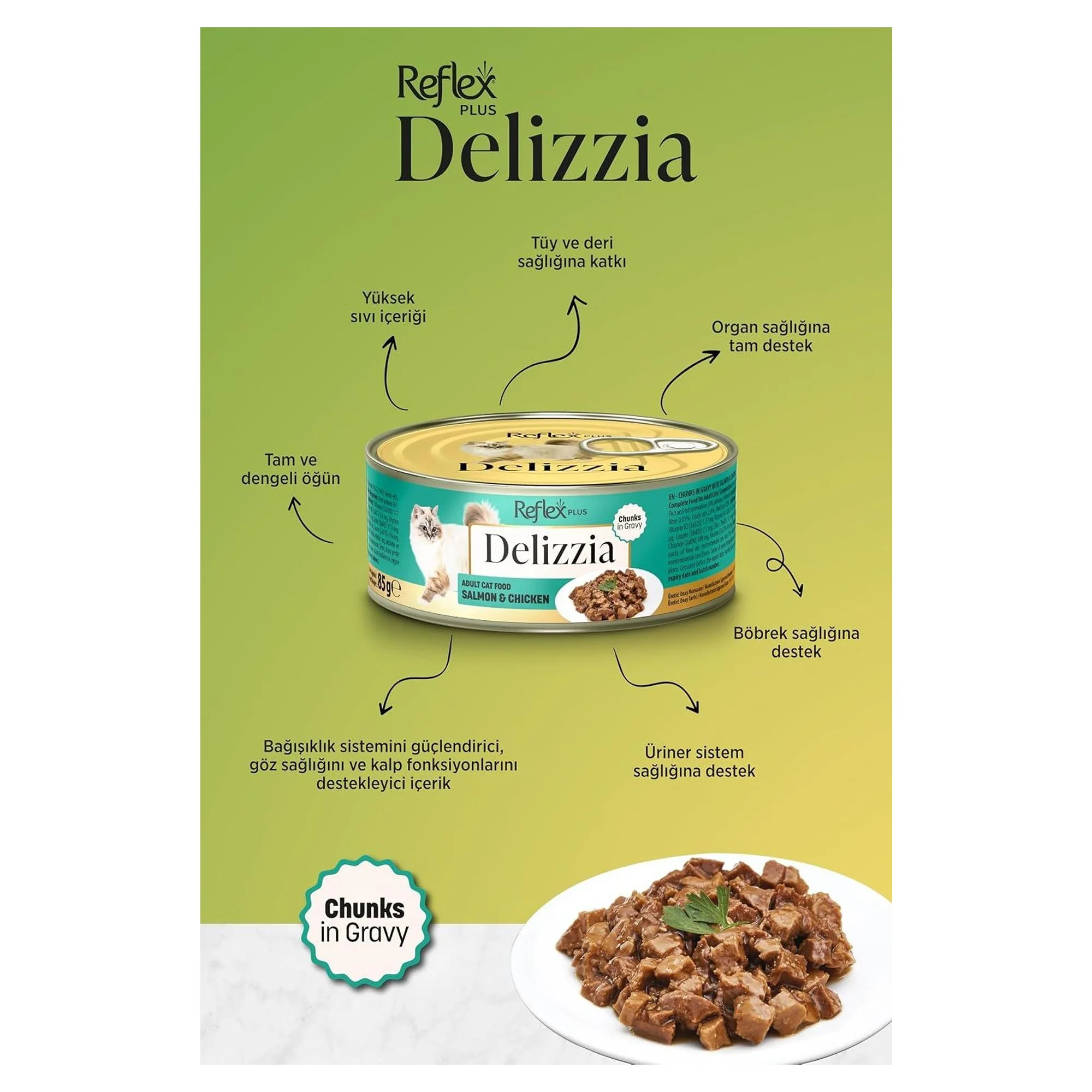 Reflex Plus Delizzia Somon ve Tavuklu Parça Etli Kedi Konservesi 85 Gr — Normal, 90 g — Görsel 2