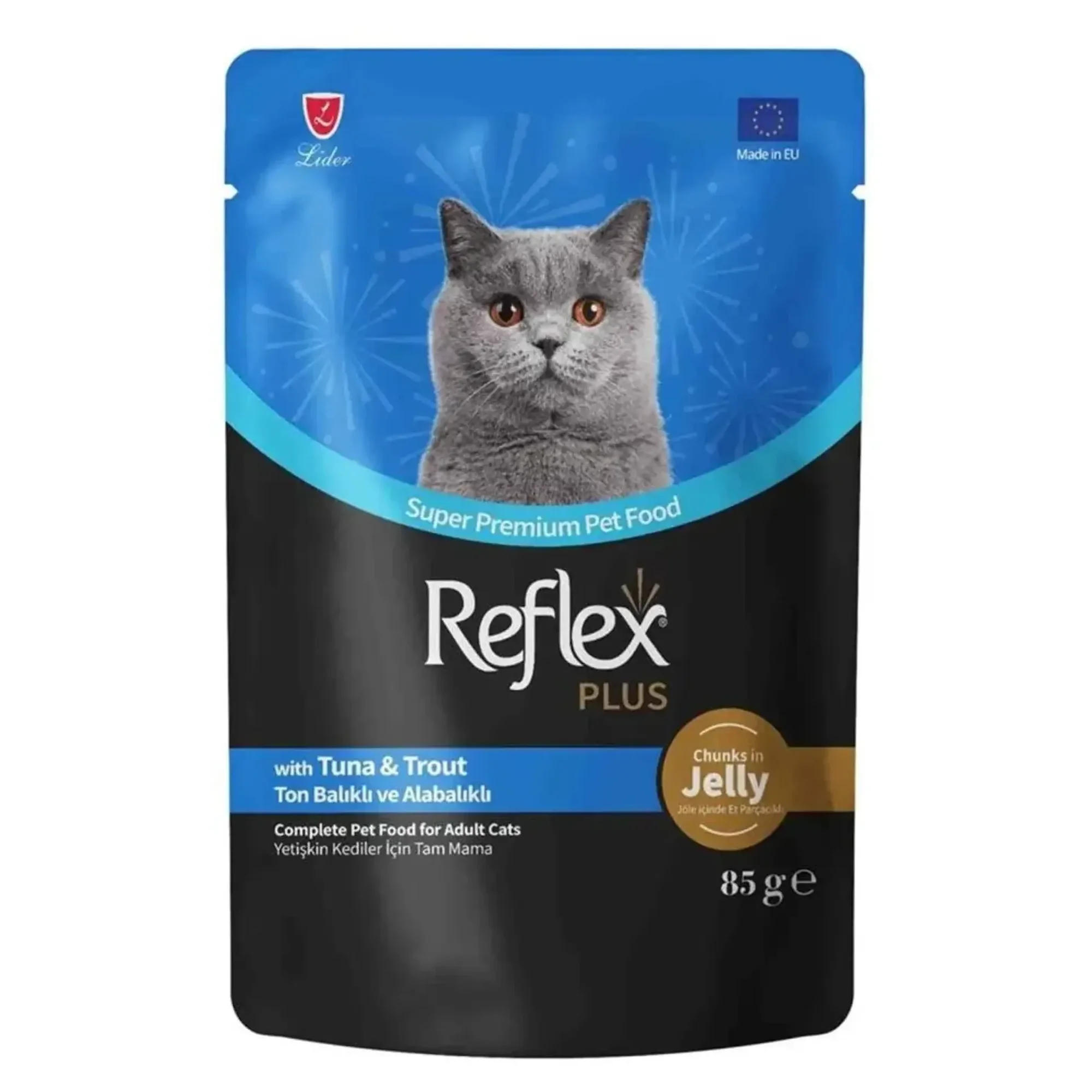 Reflex Plus Jöle İçinde Parça Ton Balıklı ve Alabalıklı Yetişkin Kedi Konservesi 85 G