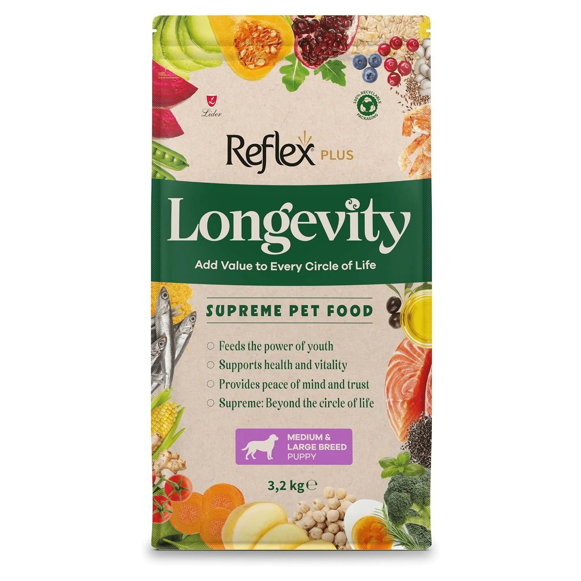 Reflex Plus Longevity Hipoalerjenik Orta ve Büyük Irk Yavru Köpek Maması 3.2 KG