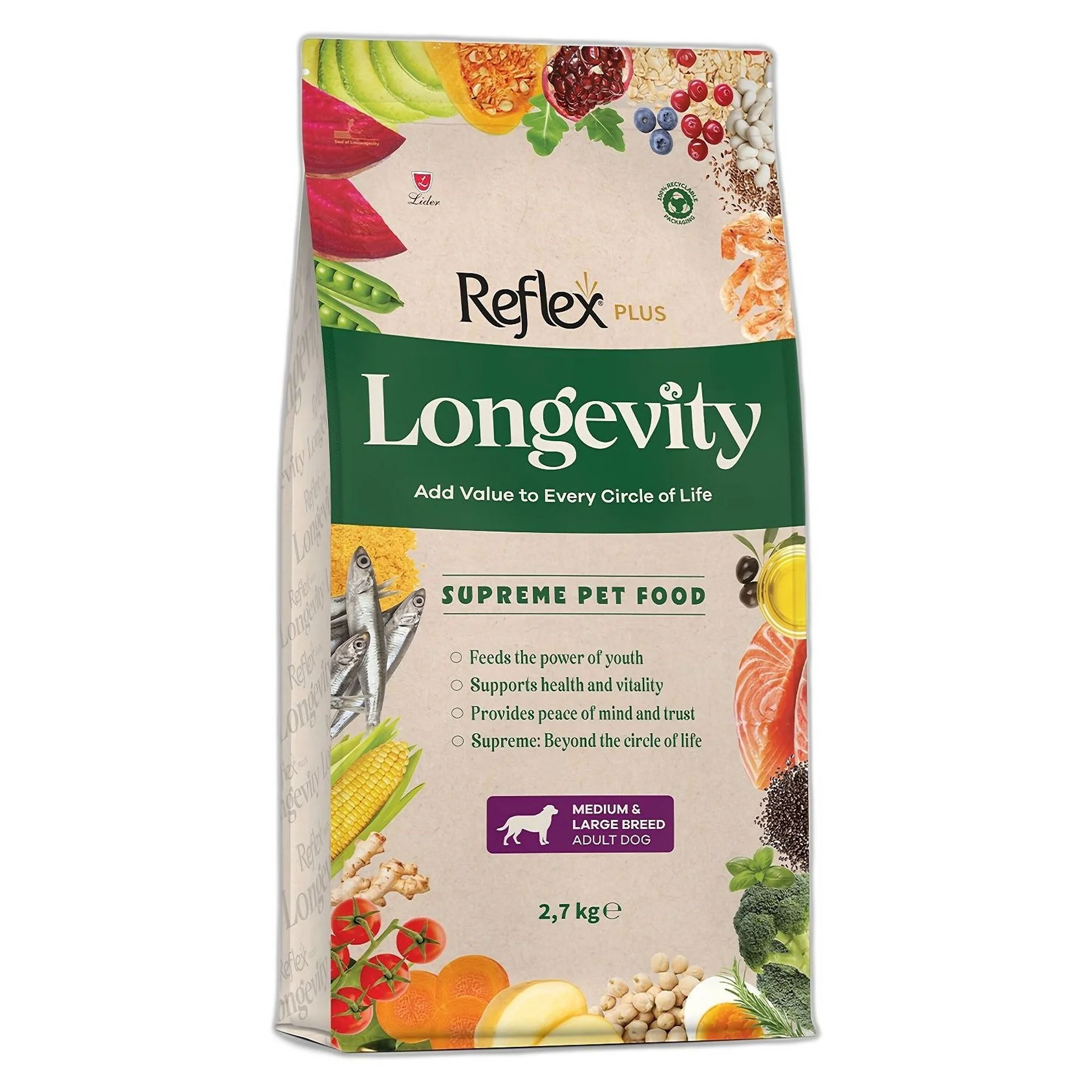 Reflex Plus Longevity Hipoalerjenik Orta ve Büyük Irk Yetişkin Köpek Maması 2.7 KG