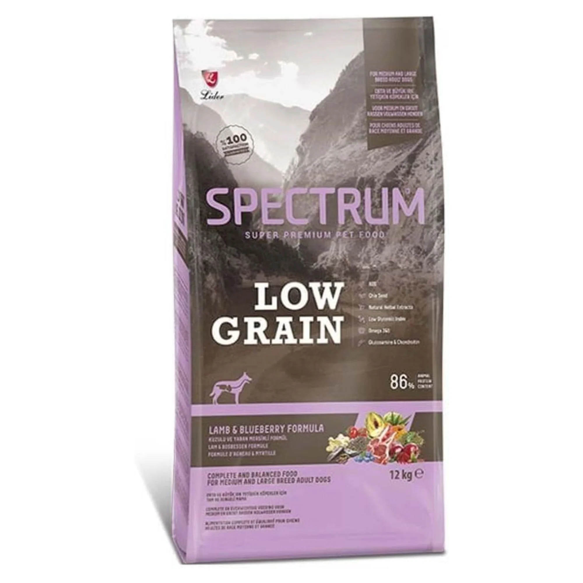 Spectrum Low Grain Kuzu Etli Yaban Mersinli Orta ve Büyük Irk Yetişkin Köpek Maması 12 KG