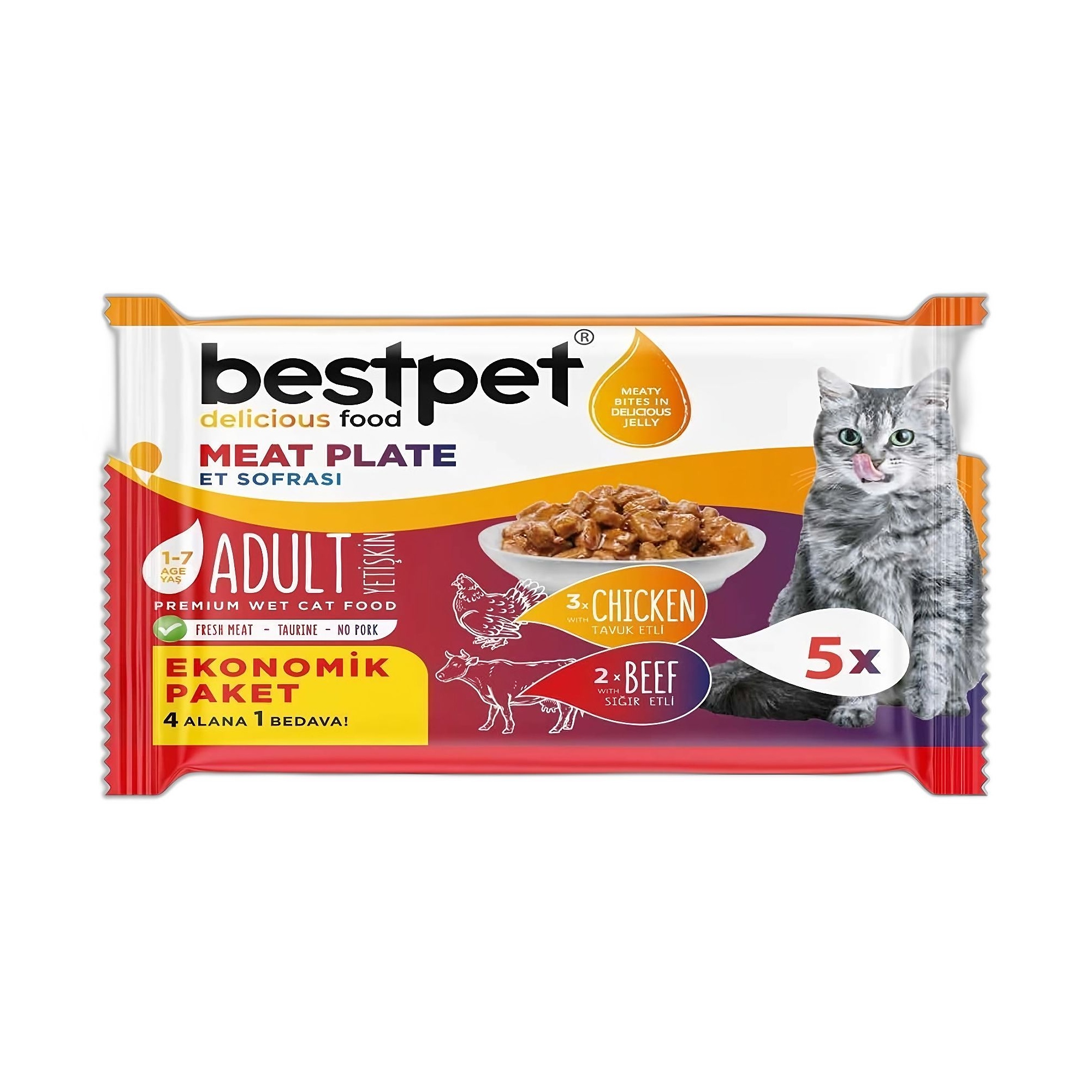 Bestpet Sığır Etli ve Tavuk Etli Yaş Yetişkin Kedi Maması 5x85G - Ana Görsel