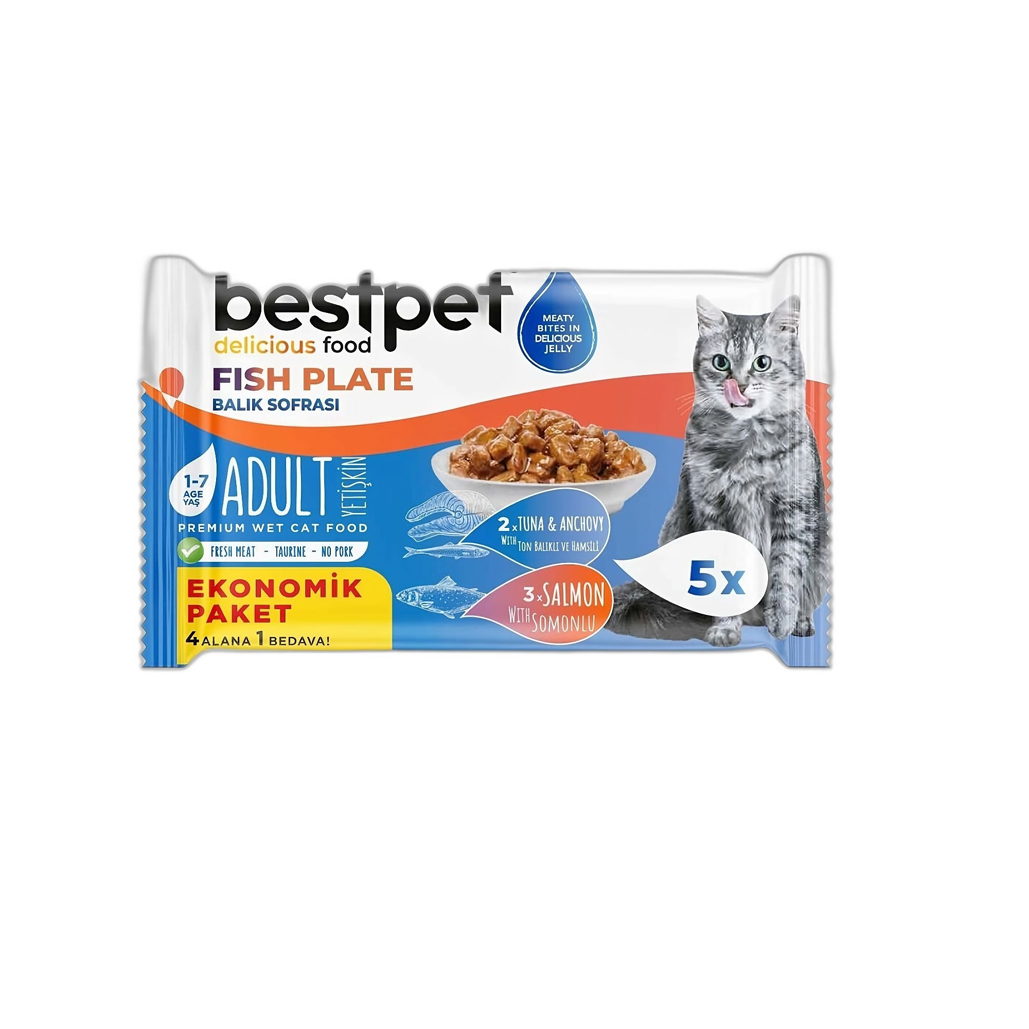 Bestpet Somonlu Ton Balıklı ve Hamsili Yaş Yetişkin Kedi Maması 5x85G - Ana Görsel