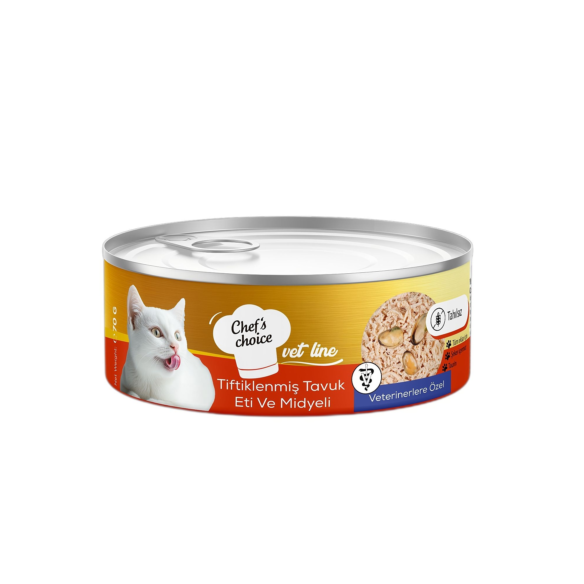 Chef's Choice Vet Line Tiftiklenmiş Tavuk Etli ve Midyeli Yetişkin Kedi Konservesi 70G - Ana Görsel