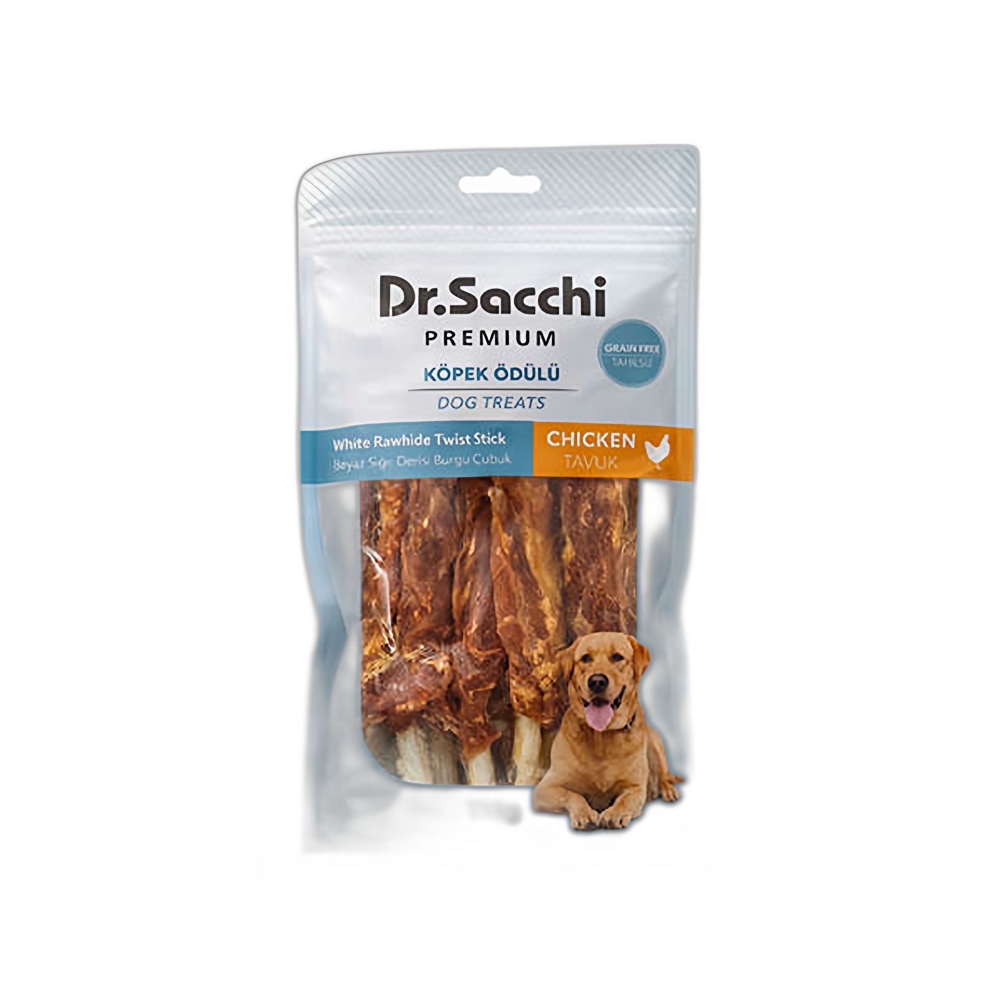 Dr.Sacchi Premium Tahılsız Tavuklu ve Beyaz Sığır Derili Burgu Çubuk Köpek Ödülü 5'' 5'li 100 G