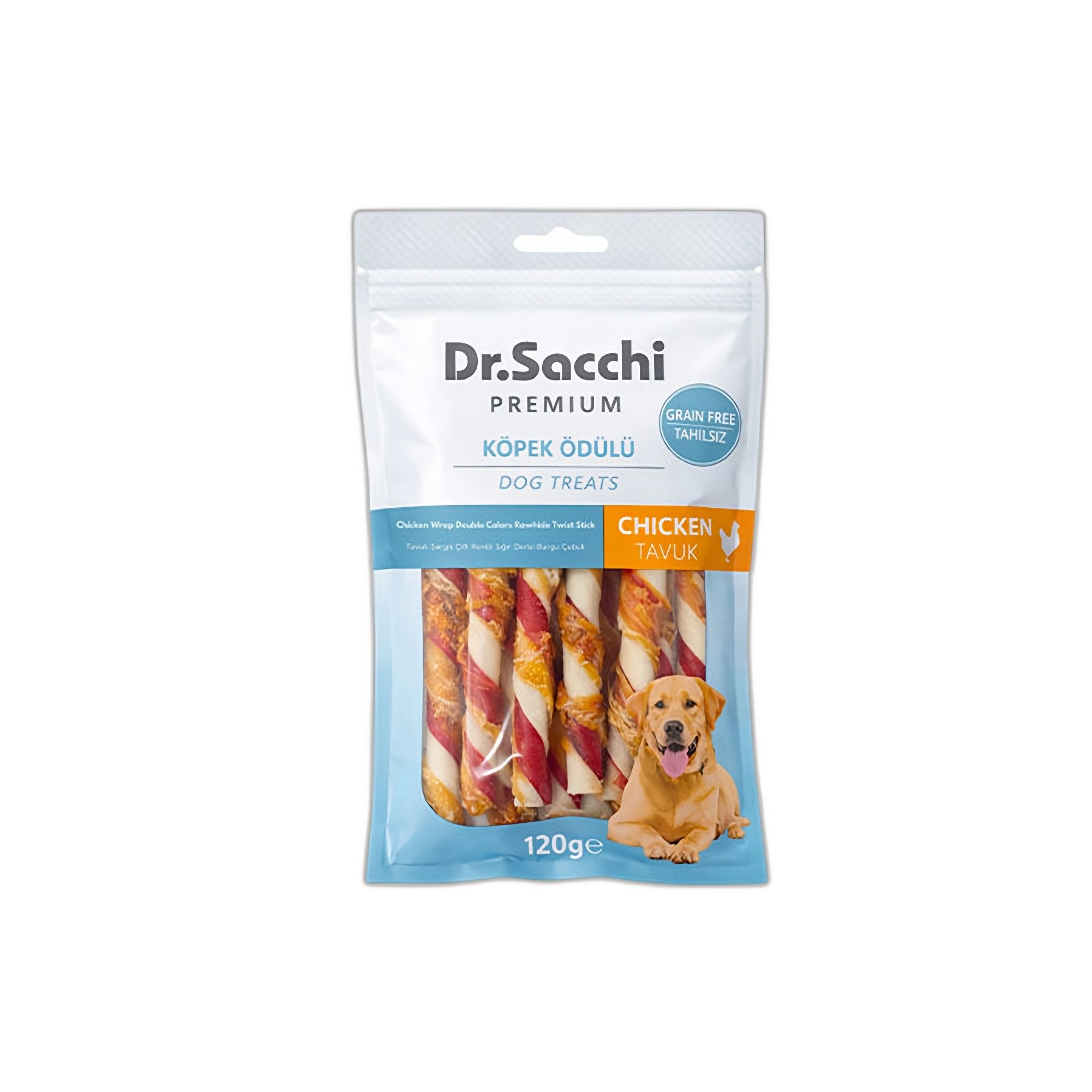 Dr.Sacchi Premium Tahılsız Tavuk Sargılı Çift Renkli Sığır Derisi Burgu Çubuk Köpek Ödülü 5'' 10'lu 120 G