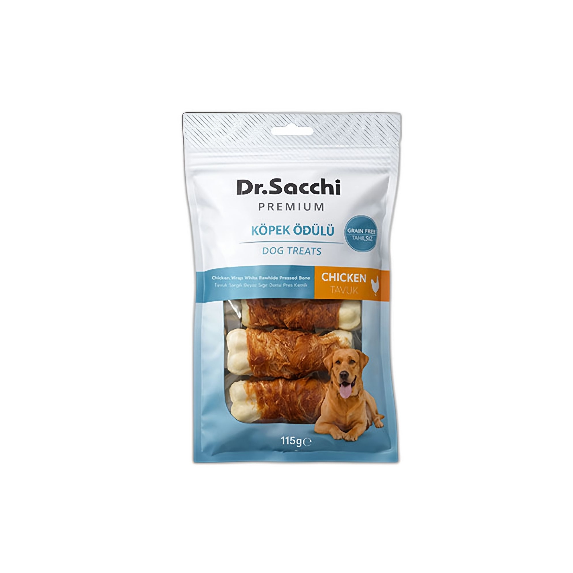 Dr.Sacchi Premium Tavuk Sargılı Beyaz Sığır Derisi Pres Kemik Tahılsız Köpek Ödülü 3” 5'li 115 G