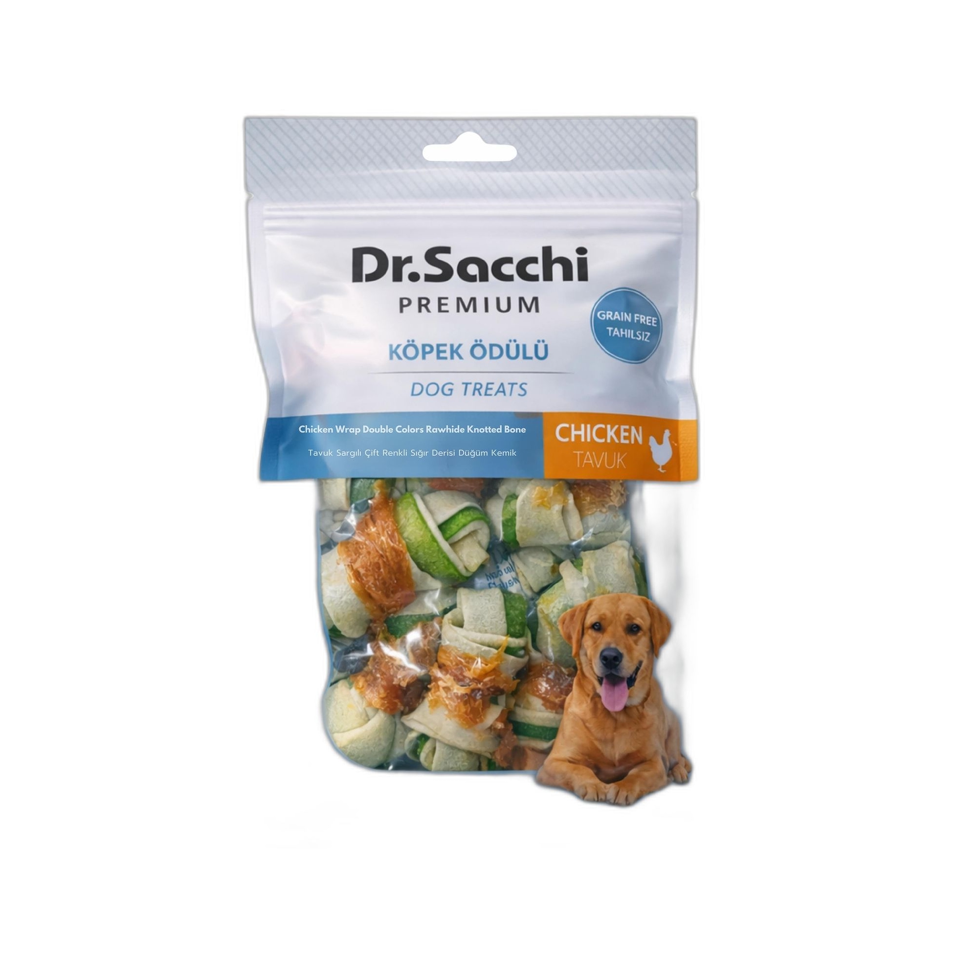 Dr.Sacchi Premium Tahılsız Tavuk Sargılı Çift Renkli Sığır Derisi Düğüm Kemik Köpek Ödülü 2“ 8'li 110 G