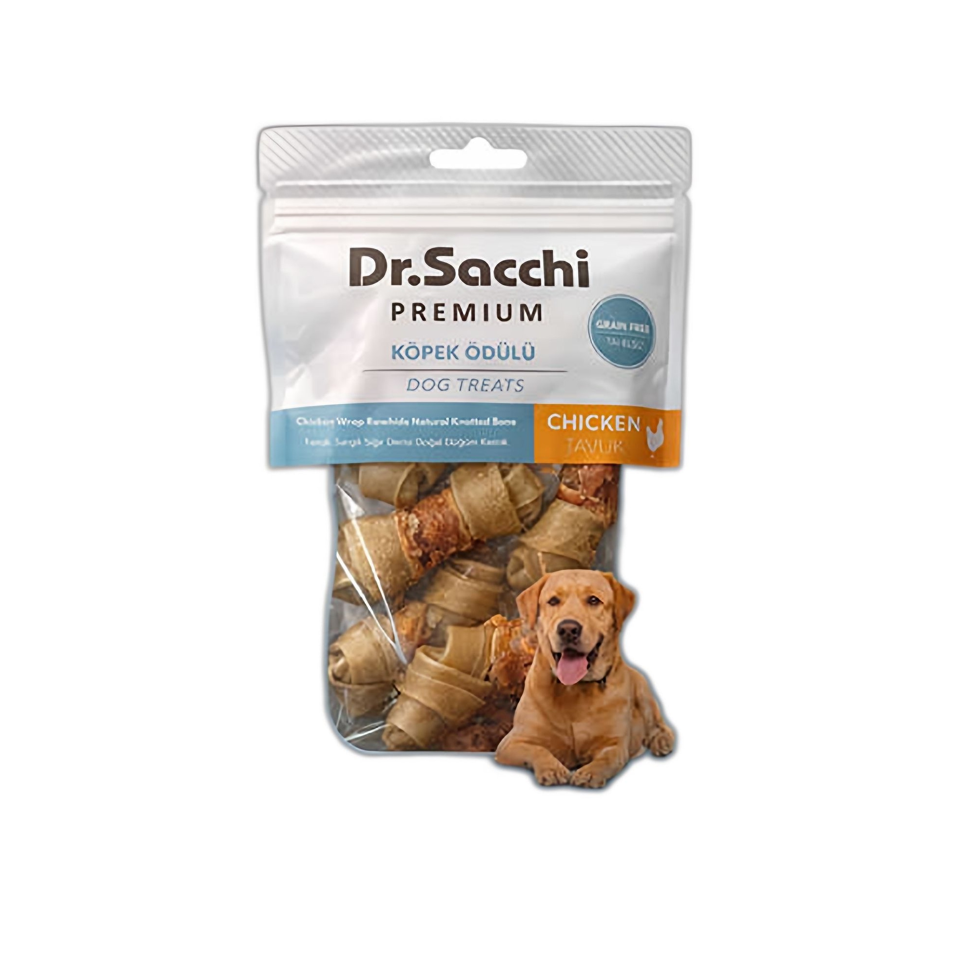 Dr.Sacchi Premium Tahılsız Tavuk Sargılı Sığır Derisi Doğal Düğüm Kemik Köpek Ödülü 2“ 8'li 100 G