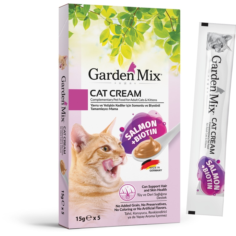Garden Mix Somonlu ve Biotinli Deri ve Tüy Sağlığını Destekleyici Krem Kedi Maması 5x15 G - Ana Görsel