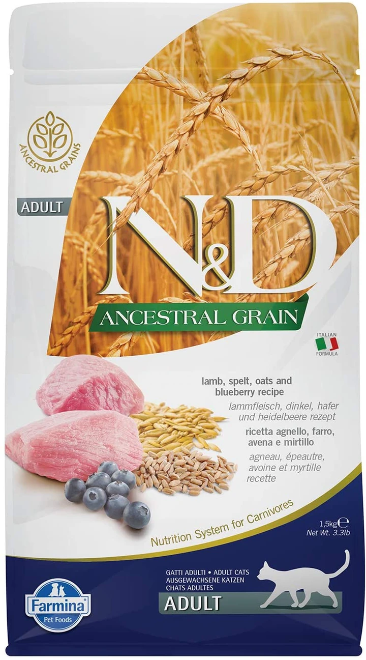 N&D Ancestral Grain Ata Tahıllı Kuzu Etli Buğdaylı Yaban Mersinli ve Yulaflı Yetişkin Kedi Maması 1.5 KG - Ana Görsel