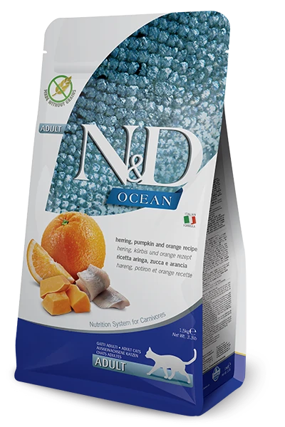 N&D Ocean Ringa Balıklı Portakallı ve Bal Kabaklı Tahılsız Yetişkin Kedi Maması 1.5 KG - Ana Görsel