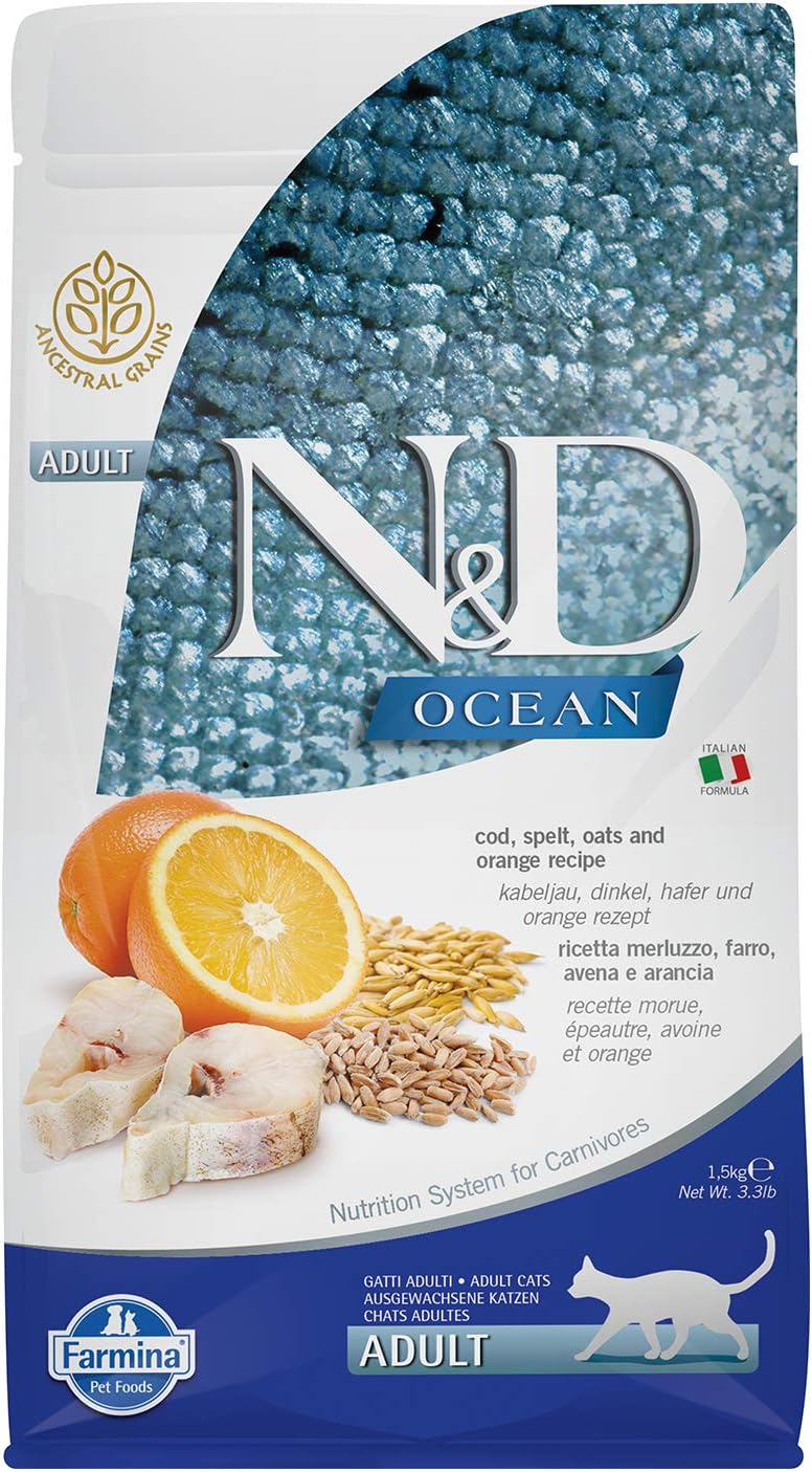 N&D Ocean Morina Balıklı ve Portakallı Ata Tahıllı Yetişkin Kedi Maması 1.5 KG - Ana Görsel