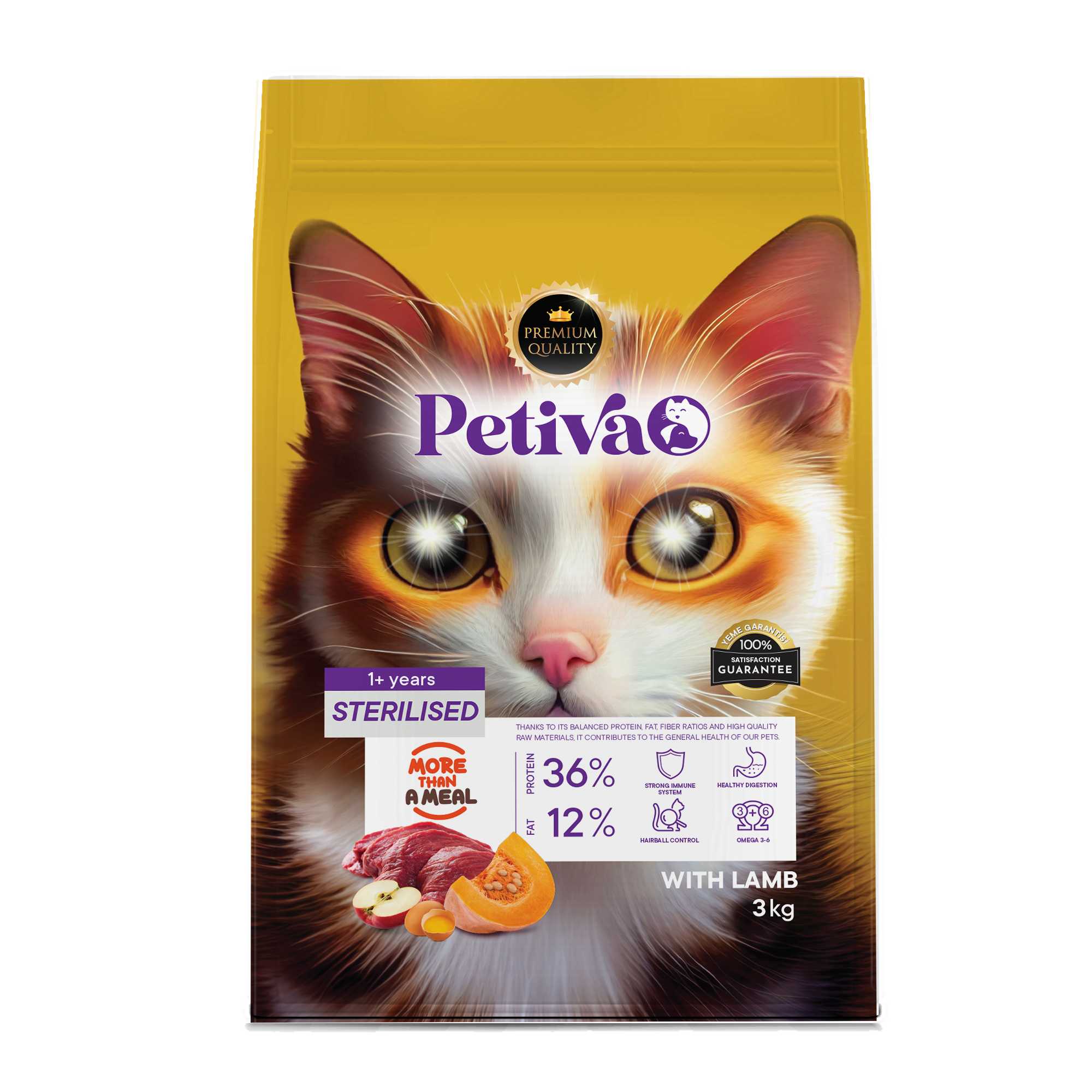 Petiva Kısırlaştırılmış Yetişkin Kediler İçin Kuzu Etli Kuru Kedi Maması (3 Kg, Kuzu) - Ana Görsel