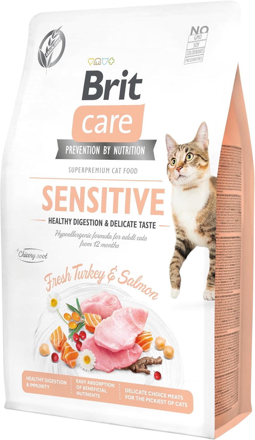Brit Care Sensitive Hipoalerjenik Sindirim Sistemi Destekleyici Tahılsız Hindi Etli ve Somonlu Yetişkin Kedi Maması 2 KG